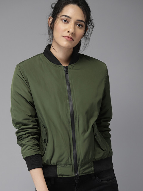 

Moda Rapido Women Olive Green Solid Bomber