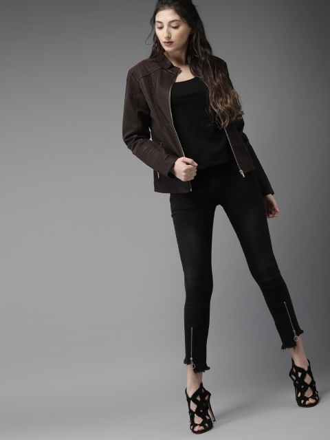 

HERE&NOW Women Coffee Brown Solid Biker Jacket