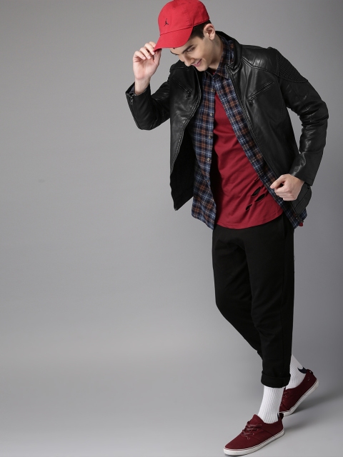 

HERE&NOW Men Black Solid Biker Jacket