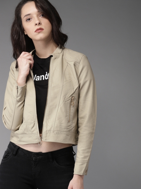 

HERE&NOW Women Beige Solid Biker Jacket