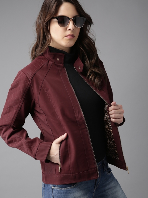 

HERE&NOW Women Maroon Solid Biker Jacket