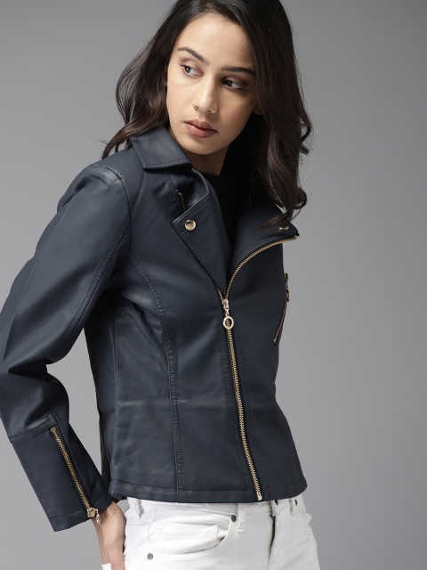 

Moda Rapido Women Navy Solid Biker Jacket, Navy blue