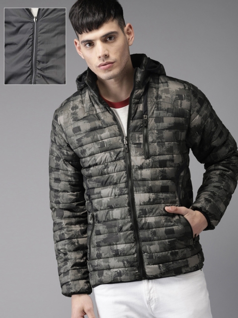 

Moda Rapido Men Black Printed Detachable Hood Reversible Puffer Jacket