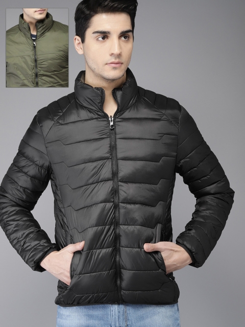 

HERE&NOW Men Black & Olive Green Solid Reversible Puffer Jacket
