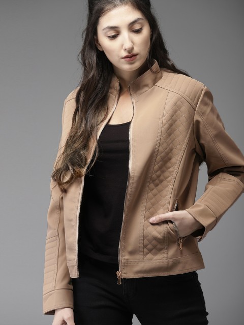 

HERE&NOW Women Beige Solid Biker Jacket