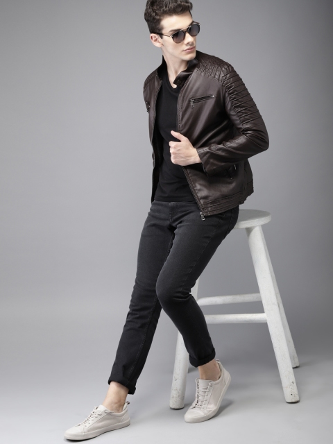 

HERE&NOW Men Brown Solid Biker Jacket