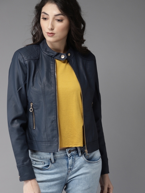 

HERE&NOW Women Navy Blue Solid Biker Jacket