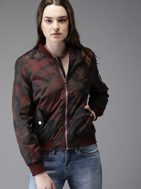

Moda Rapido Women Olive Green & Red Printed Bomber