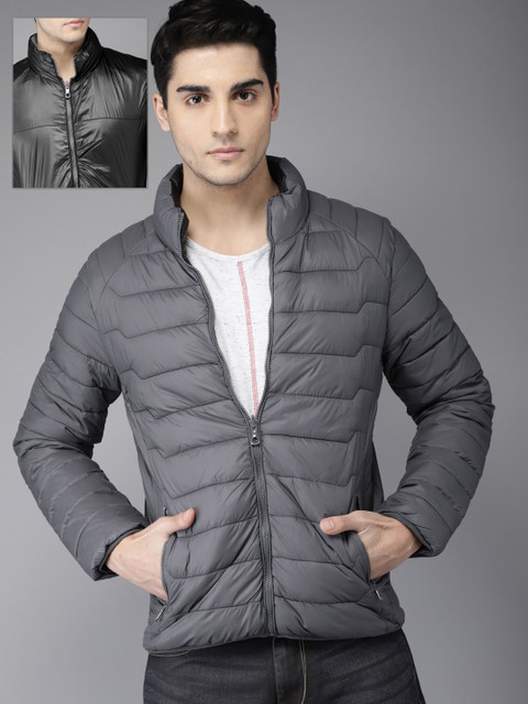 

HERE&NOW Men Grey & Black Solid Reversible Padded Jacket