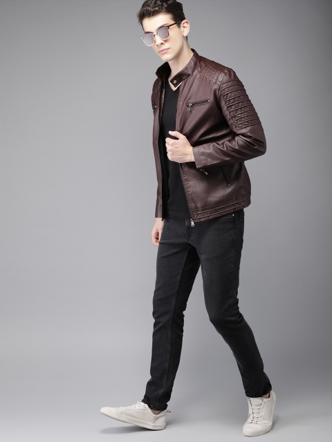 

HERE&NOW Men Maroon Solid Biker Jacket