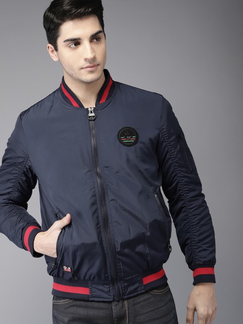 

HERE&NOW Men Navy Blue Solid Bomber