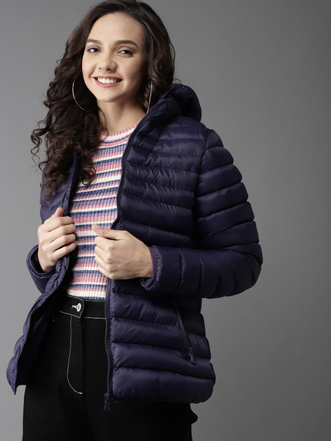 

HERE&NOW Women Navy Blue Solid Hooded Puffer Jacket