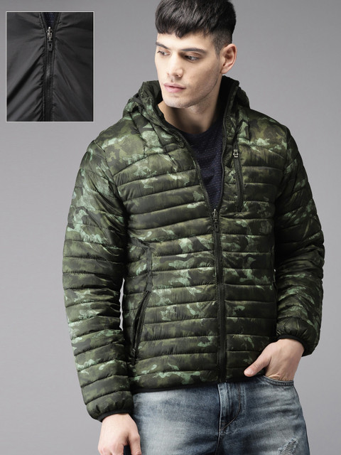 

Moda Rapido Men Black Printed Detachable Hood Reversible Puffer Jacket