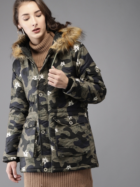 

Moda Rapido Women Olive Green Camouflage Printed Parka