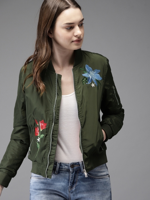 

Moda Rapido Women Olive Green Embroidered Bomber