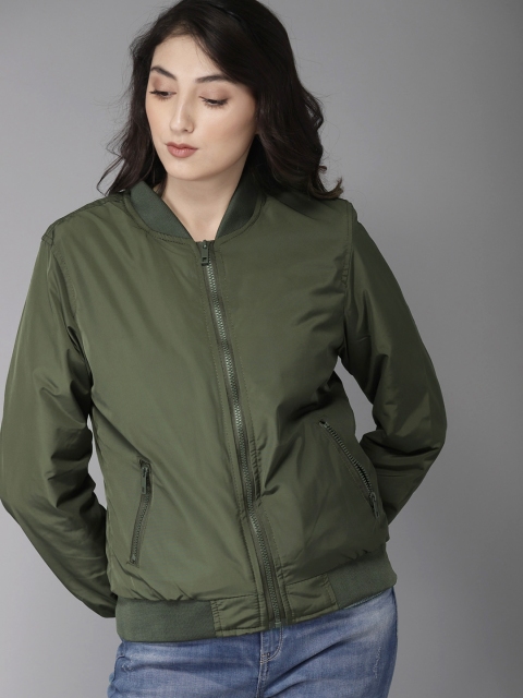 

HERE&NOW Women Olive Green Solid Bomber