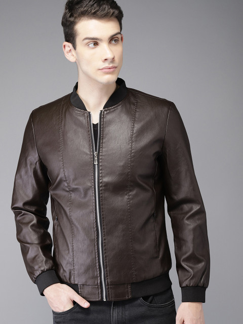 

HERE&NOW Men Brown Solid Biker Jacket