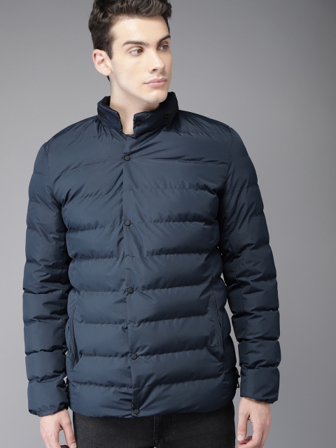 

HERE&NOW Men Navy Solid Padded Hooded Jacket, Navy blue