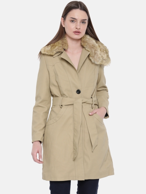 

Moda Rapido Women Beige Solid Duster Jacket with Detachable Faux Fur Trim