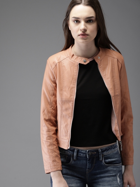 

Moda Rapido Women Peach-Coloured Solid Biker Jacket