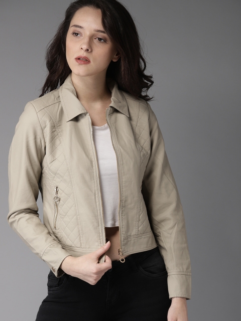 

HERE&NOW Women Beige Solid Biker Jacket