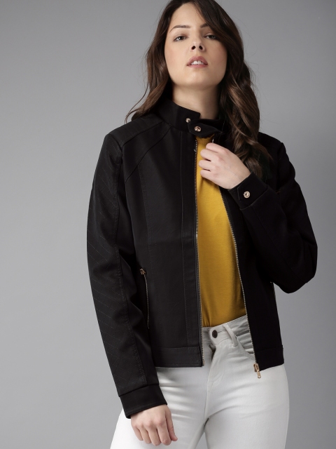 

HERE&NOW Women Black Solid Biker Jacket