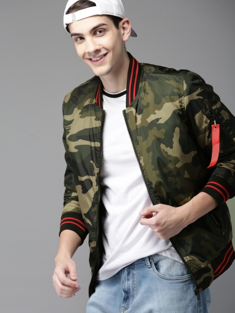 

HERE&NOW Men Olive Green Printed Bomber