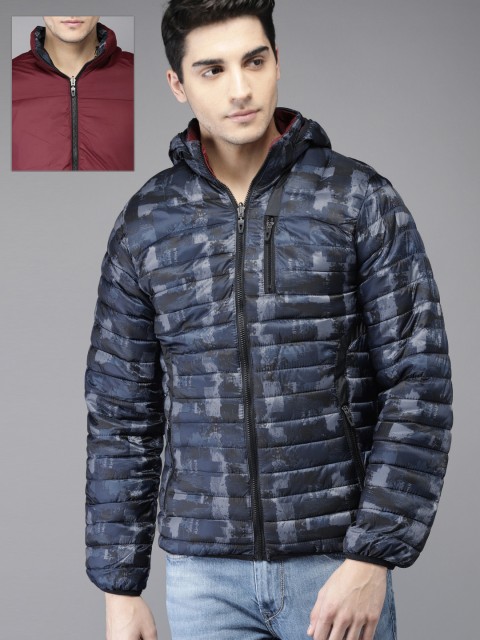 

HERE&NOW Men Maroon & Blue Printed Reversible Padded Jacket
