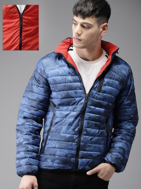 

Moda Rapido Men Blue Printed Detachable Hood Reversible Puffer Jacket