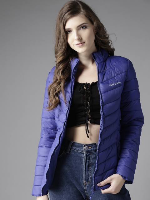 

HERE&NOW Women Blue Solid Padded Jacket