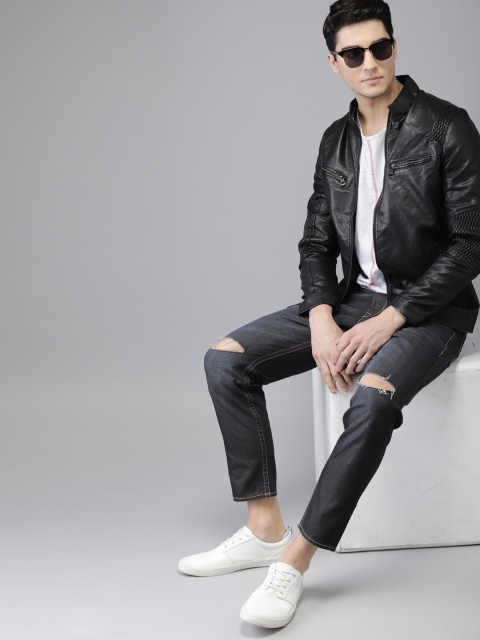 

HERE&NOW Men Black Solid Biker Jacket