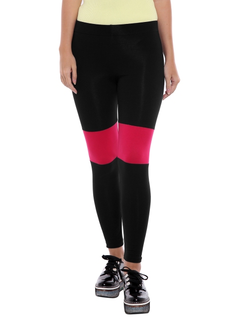 ANWAIND Women Black & Pink Colourblocked Tights