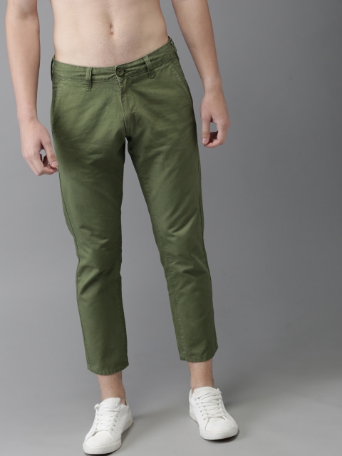 

HERE&NOW Men Olive Green Slim Fit Solid Cropped Chinos