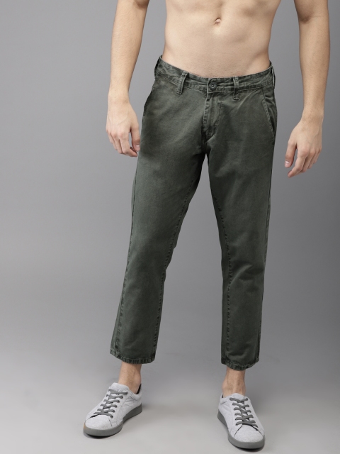 

HERE&NOW Men Olive Green Regular Fit Solid Cropped Regular Trousers