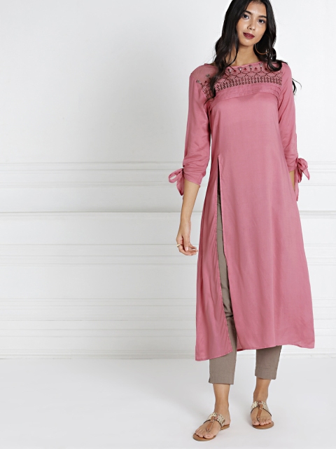 

all about you Women Mauve Embroidered Solid A-Line Kurta