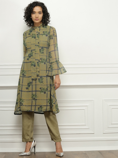 

all about you Women Olive Green Printed Kurta with Trousers