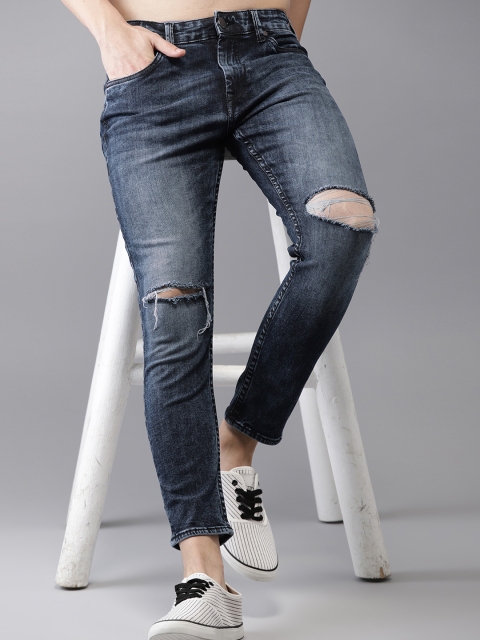 

HERE&NOW Men Blue Tapered Fit Mid-Rise Slash Knee Stretchable Cropped Jeans