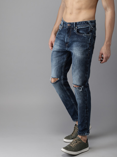 

HERE&NOW Men Blue Slim Fit Mid-Rise Slash Knee Stretchable Cropped Jeans