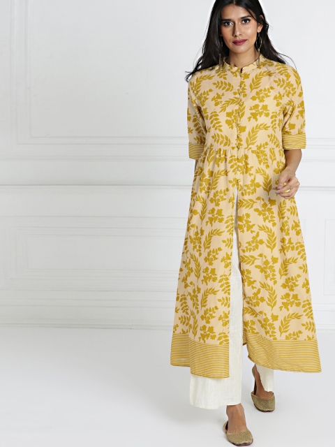 

all about you Women Off-White & Lime Green Printed A-Line Kurta