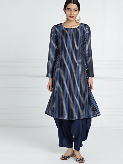 

all about you Women Navy Blue & Off-White Striped Poly Chanderi A-Line Kurta