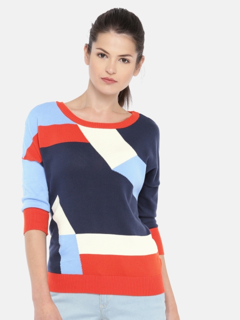 

Akiva Women Blue & Off-White Colourblocked Pullover