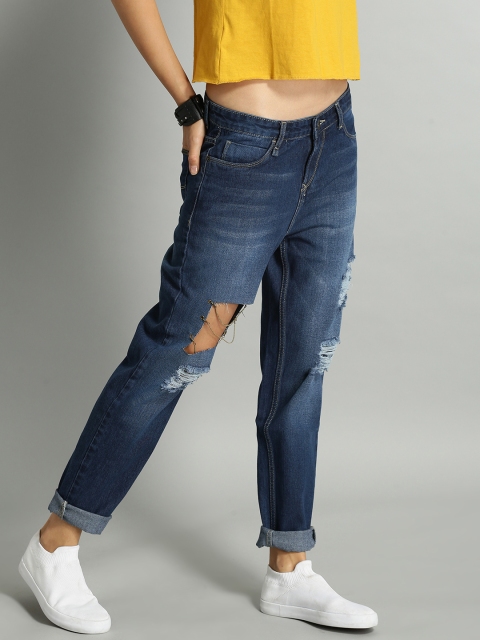 

Roadster Women Blue Regular Fit Mid-Rise Embellished Highly Distressed Jeans