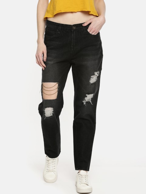 

Roadster Women Black Regular Fit Mid-Rise Highly Distressed Jeans