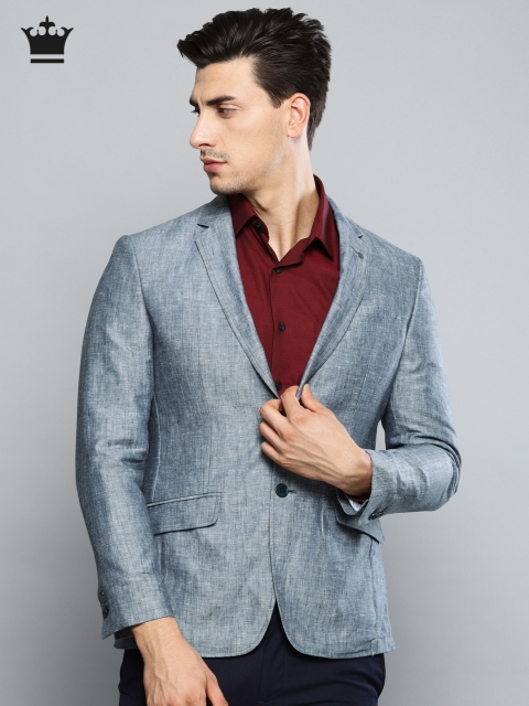 

Louis Philippe Blue & Grey Slim Fit Self-Design Single-Breasted Linen Formal Blazer