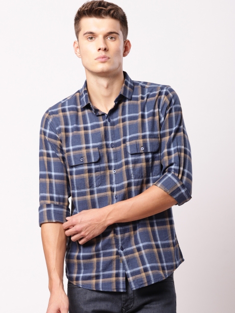 

ether Men Navy & Brown Regular Fit Checked Casual Shirt, Navy blue