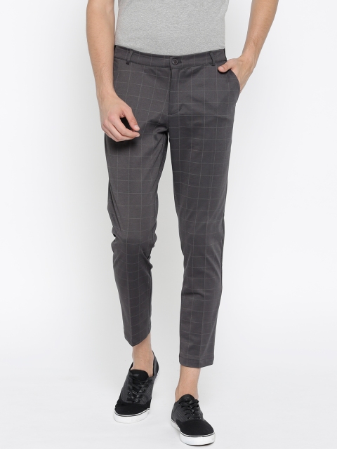 

ether Men Charcoal Grey Regular Fit Checked Cropped Trousers