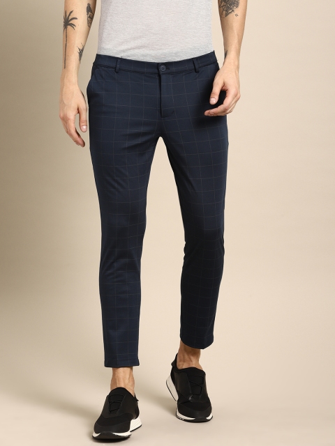 

ether Men Navy Blue Slim Fit Checked Trousers