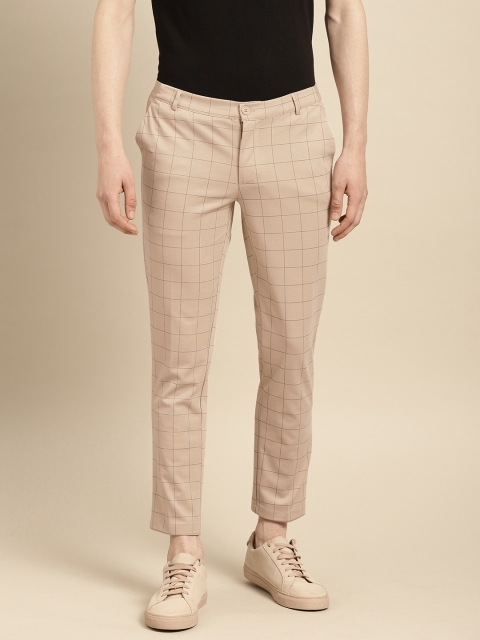 

ether Men Beige & Grey Regular Fit Checked Knitted Cropped Trousers