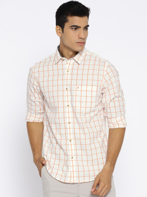 

John Players Men White & Orange Regular Fit Checked Casual Shirt