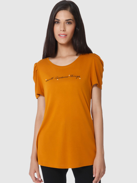 

Vero Moda Women Mustard Printed Round Neck T-shirt